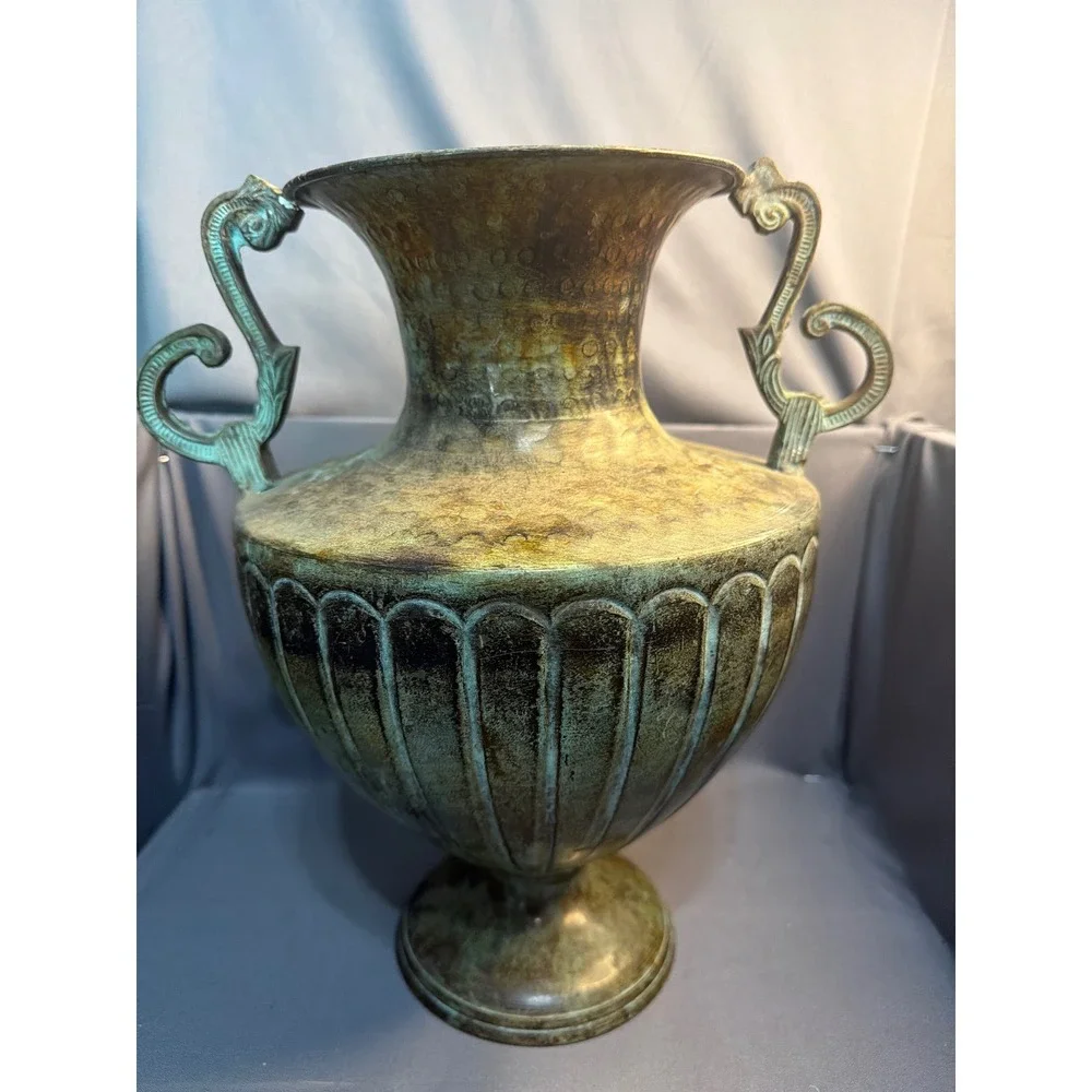 Vintage Brass Urn Vase Verdigris Patina Fluted Metal Vessel Ornate Handles
